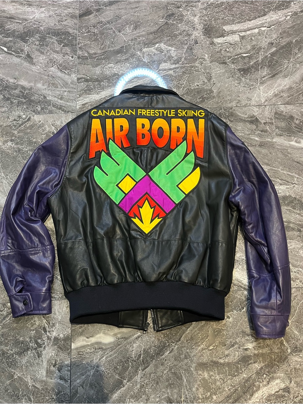 Vintage Group 5 Canadian Freestyle Skiing Leather Jacket M Air Born Purple Neon